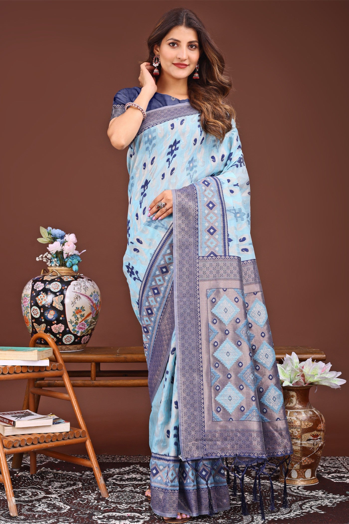 Buy MySilkLove Cerulean Blue Woven Linen Cotton Saree Online