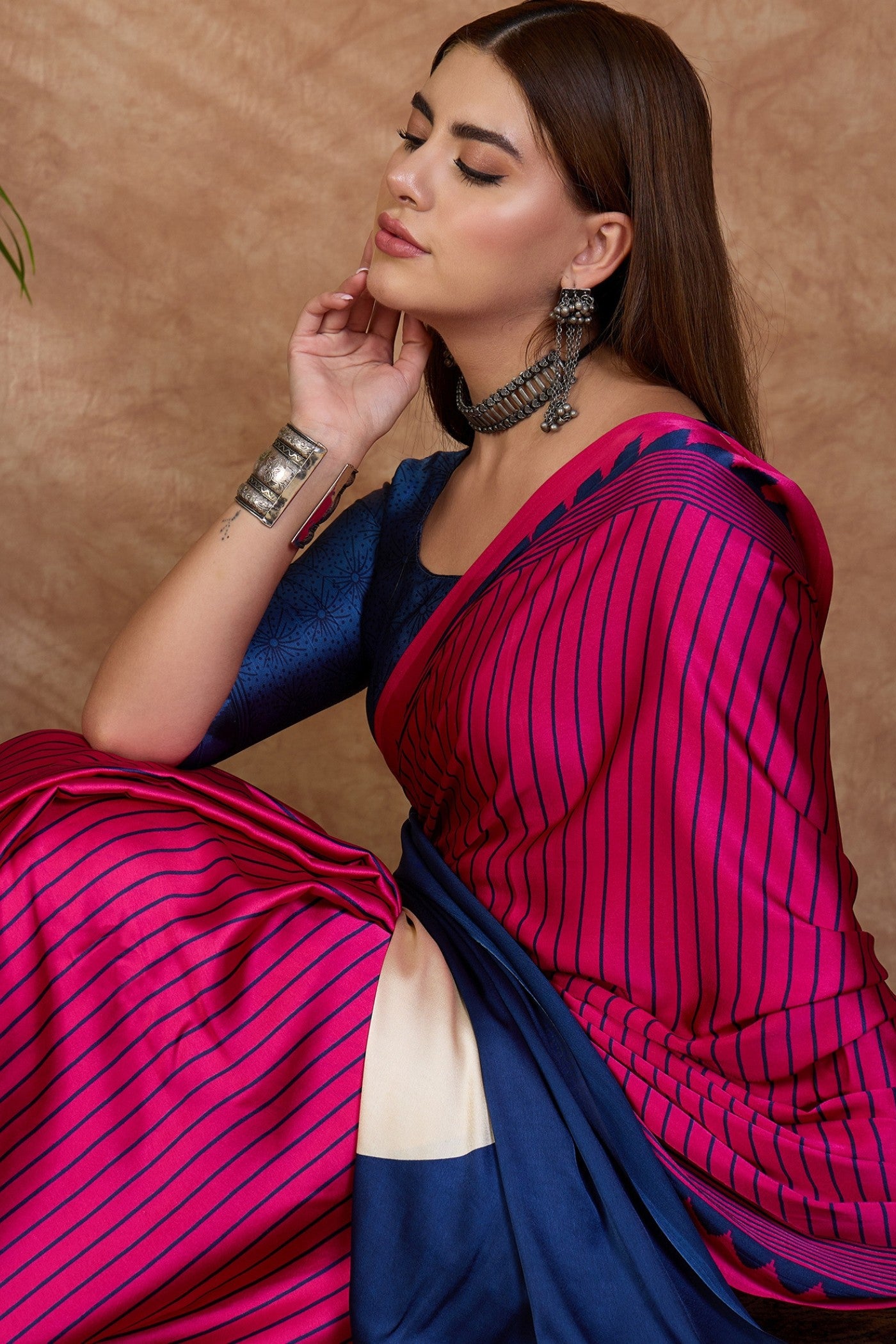 Buy MySilkLove Magenta Pink and Blue Stripe Ajrakh Printed Satin Crepe Silk Saree Online