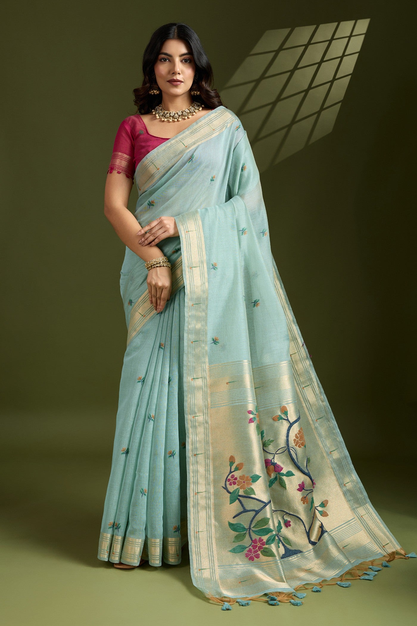 Buy MySilkLove Tiffany Blue Woven Muga Cotton Paithani Saree Online