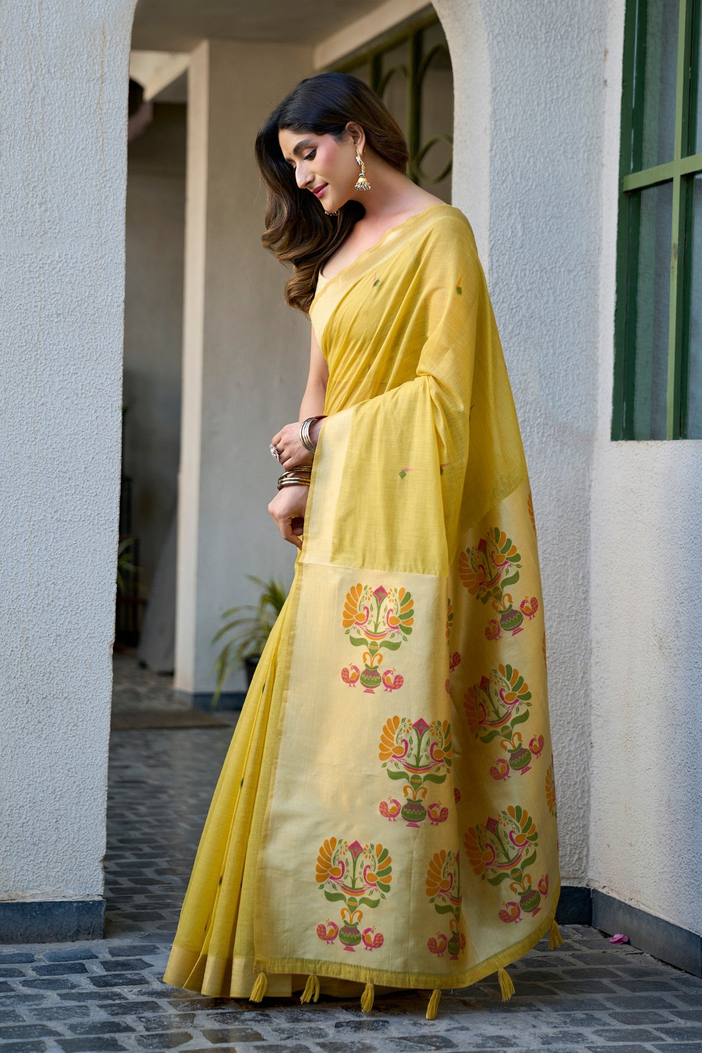 Buy MySilkLove Pineapple Yellow Handloom Cotton Saree Online