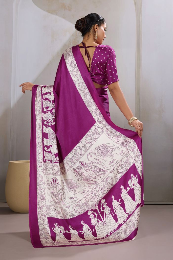 Buy MySilkLove Cosmic Purple Modal Ajrakh Printed Satin Silk Saree Online