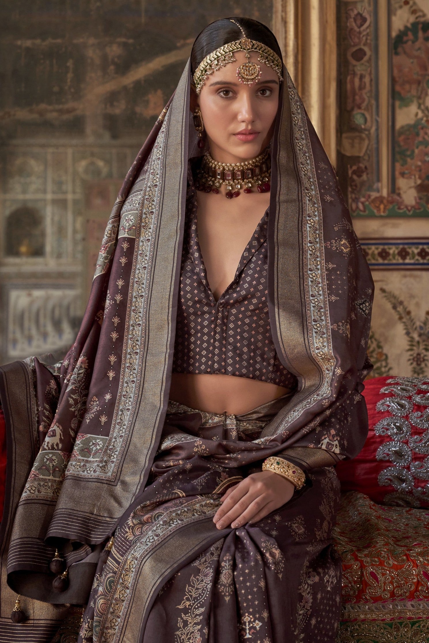 Buy MySilkLove Deep Coffee Brown Printed Banarasi Saree Online