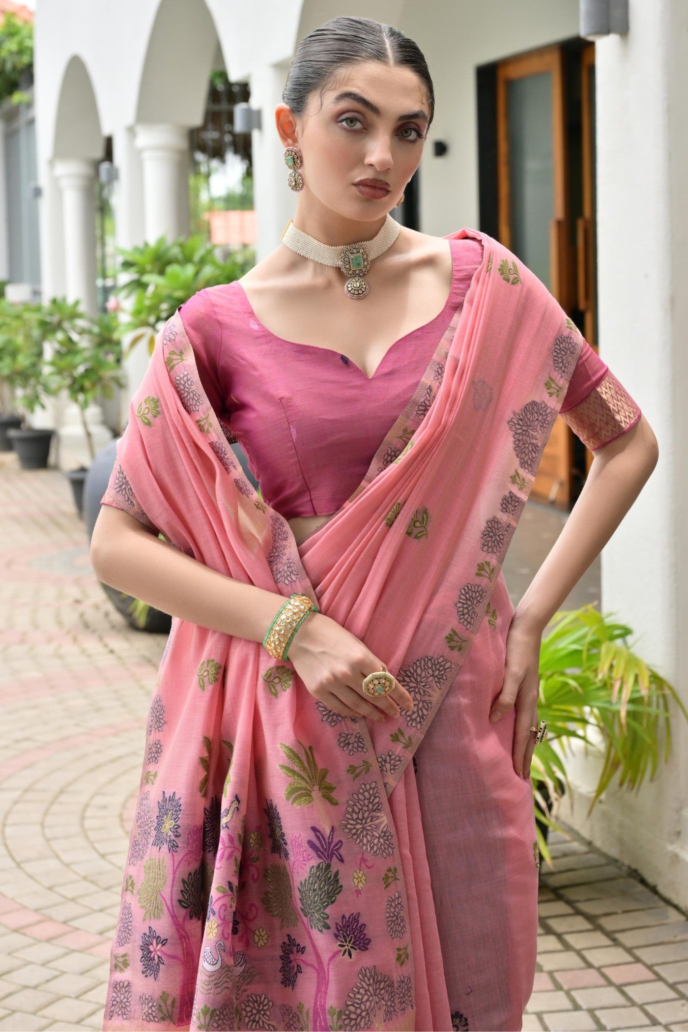 Buy MySilkLove Mulberry Pink Woven Muga Cotton Saree Online