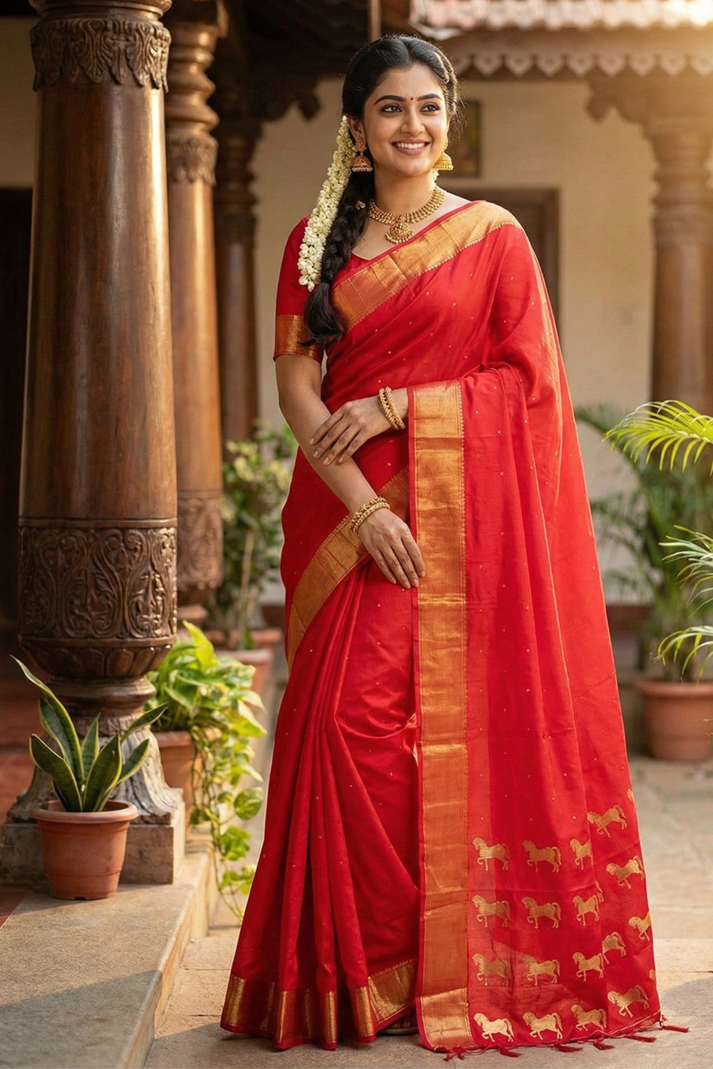 Buy MySilkLove Cherry Red Banarasi Woven Soft Silk Saree Online