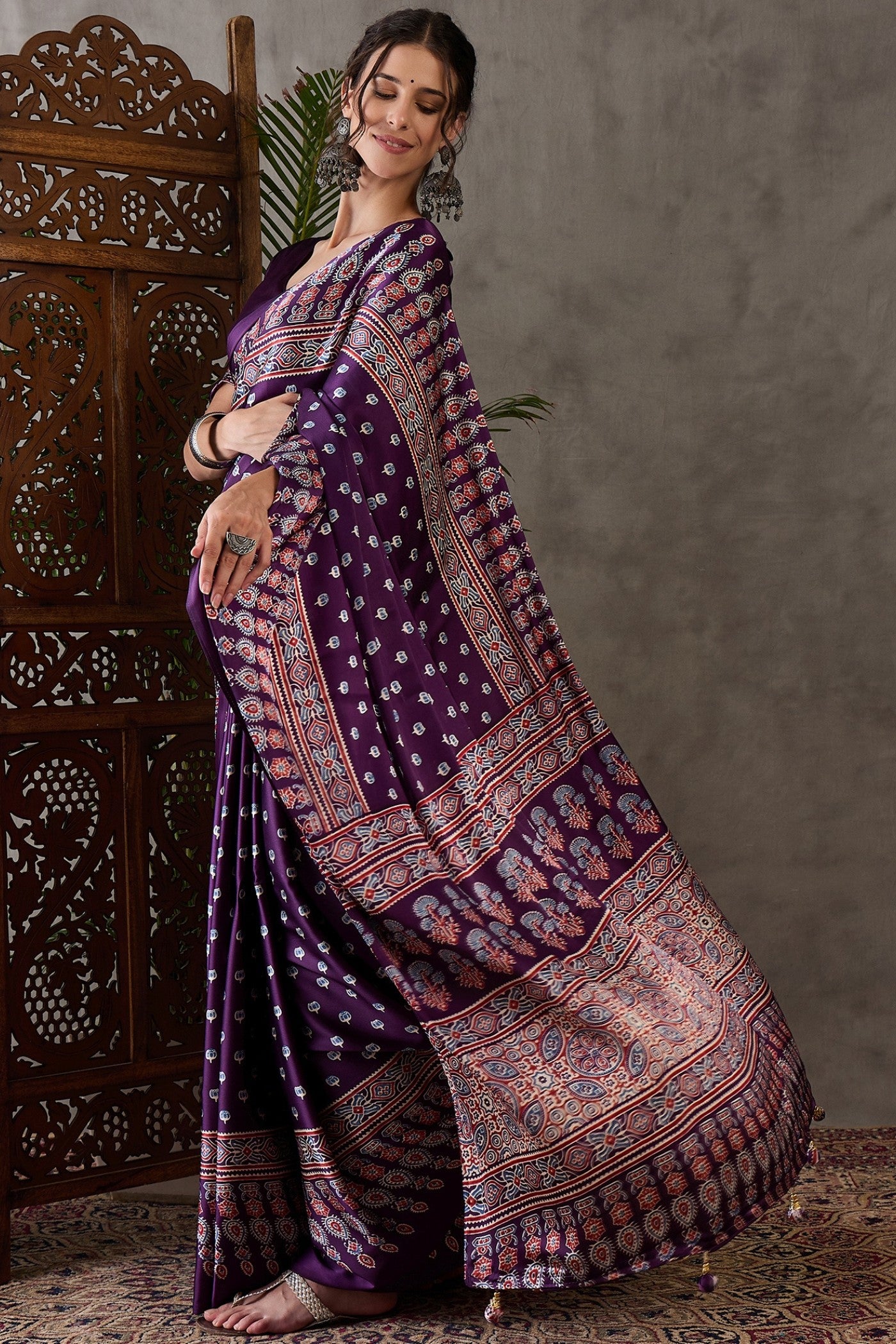 Buy MySilkLove Jamun Purple Printed Satin Gaji Silk Saree Online