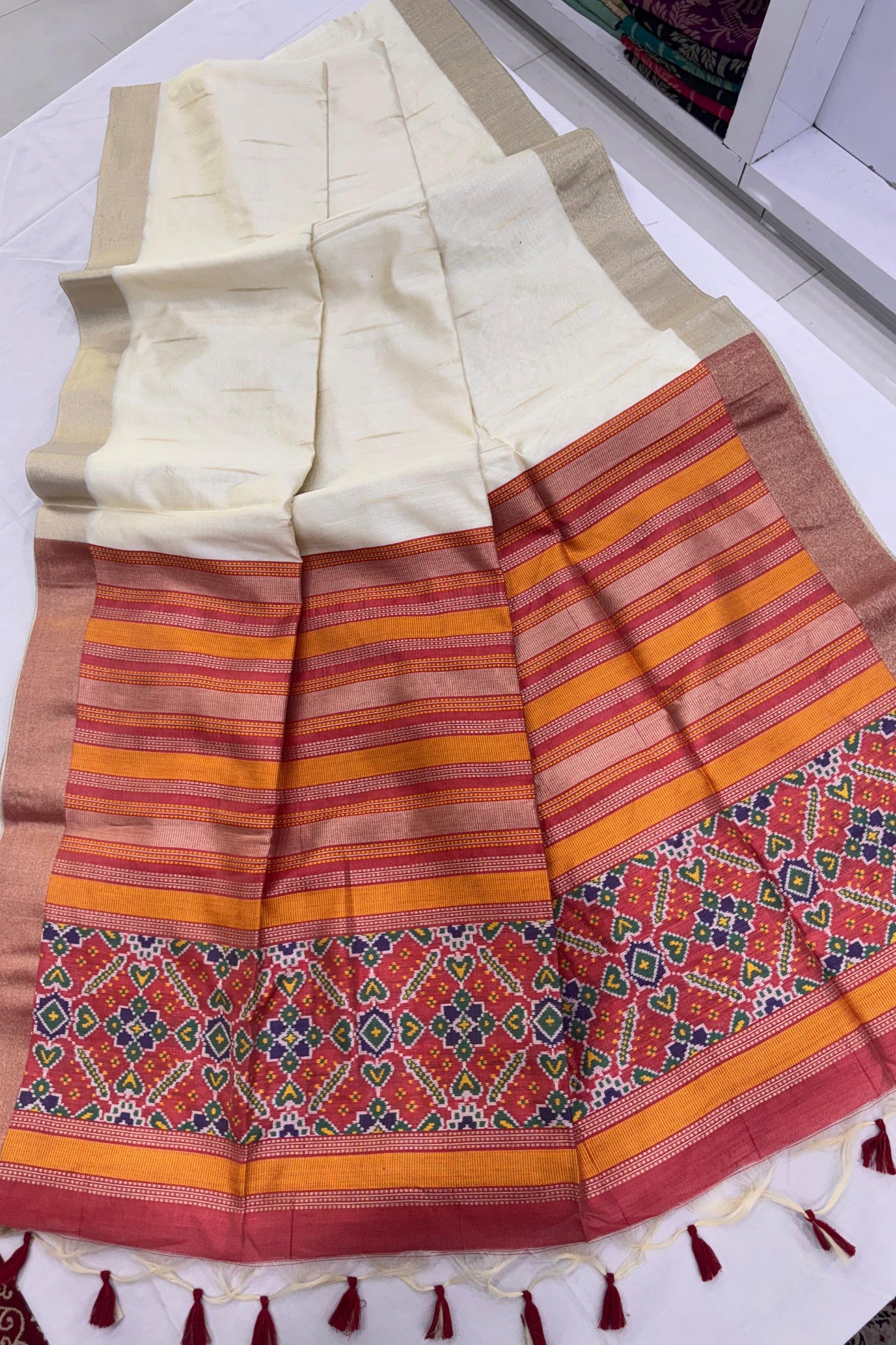 Buy MySilkLove Pearl White Meenakari Woven Patola Saree Online