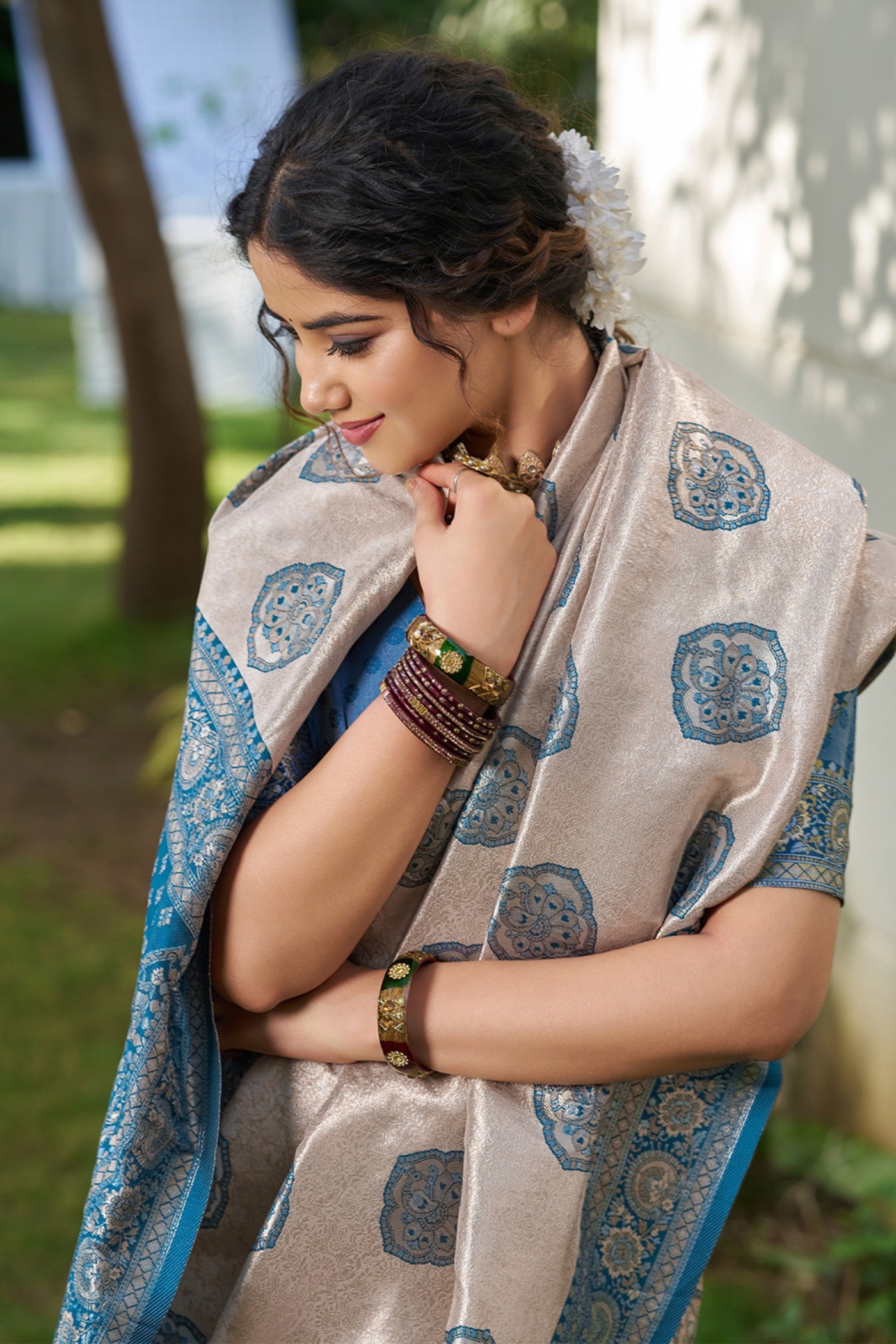 MySilkLove Oyster Cream and Blue Woven Banarasi Saree