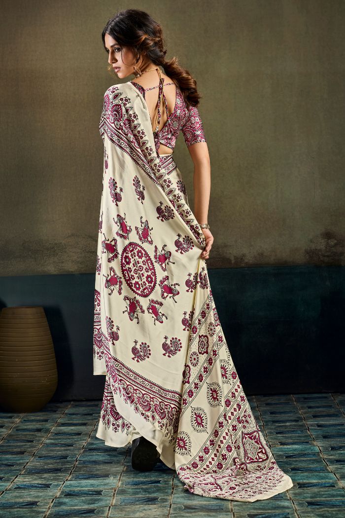 Buy MySilkLove Coconut Cream Modal Ajrakh Satin Printed Silk Saree Online