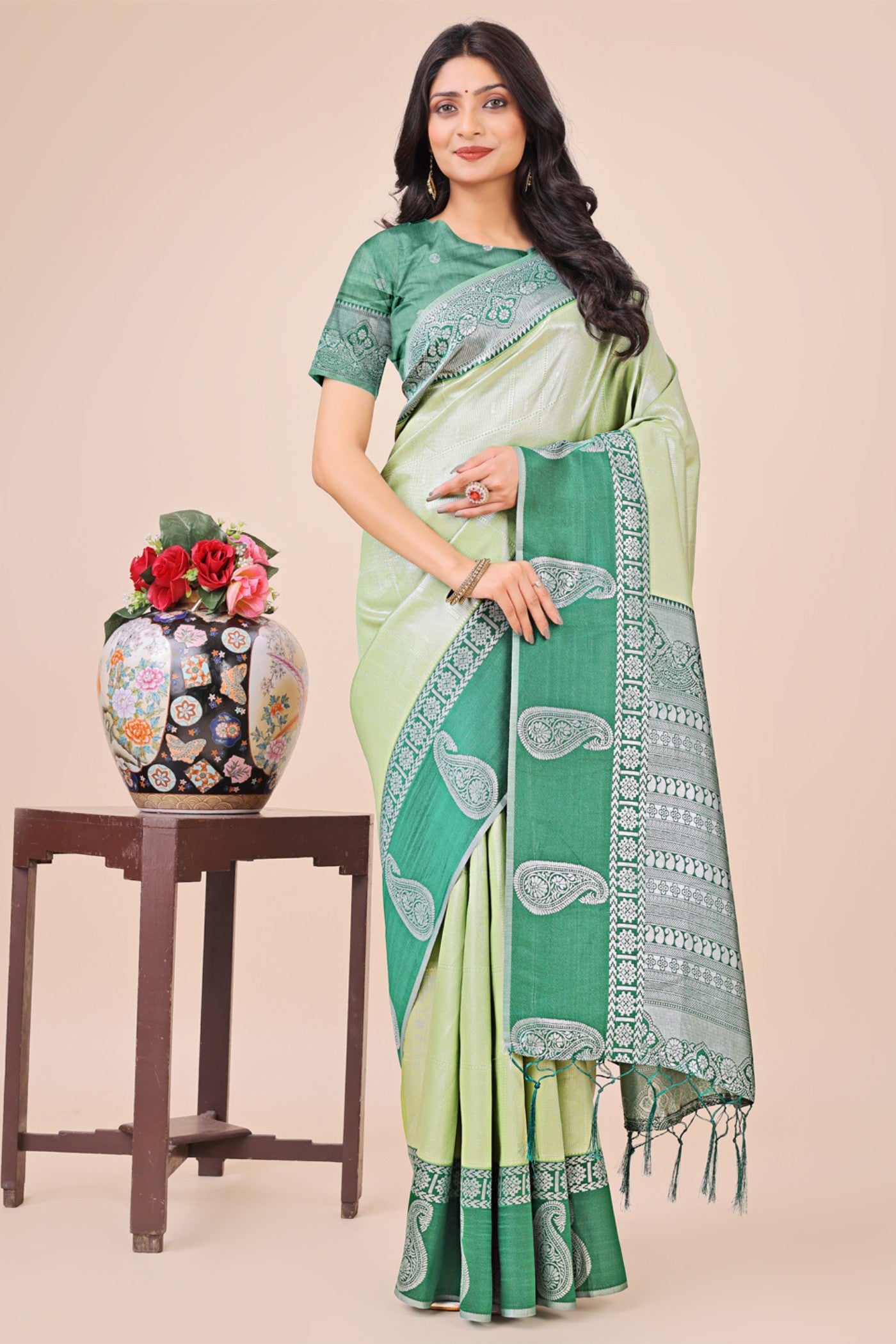 Buy MySilkLove Sage Green Woven Banarasi Saree Online