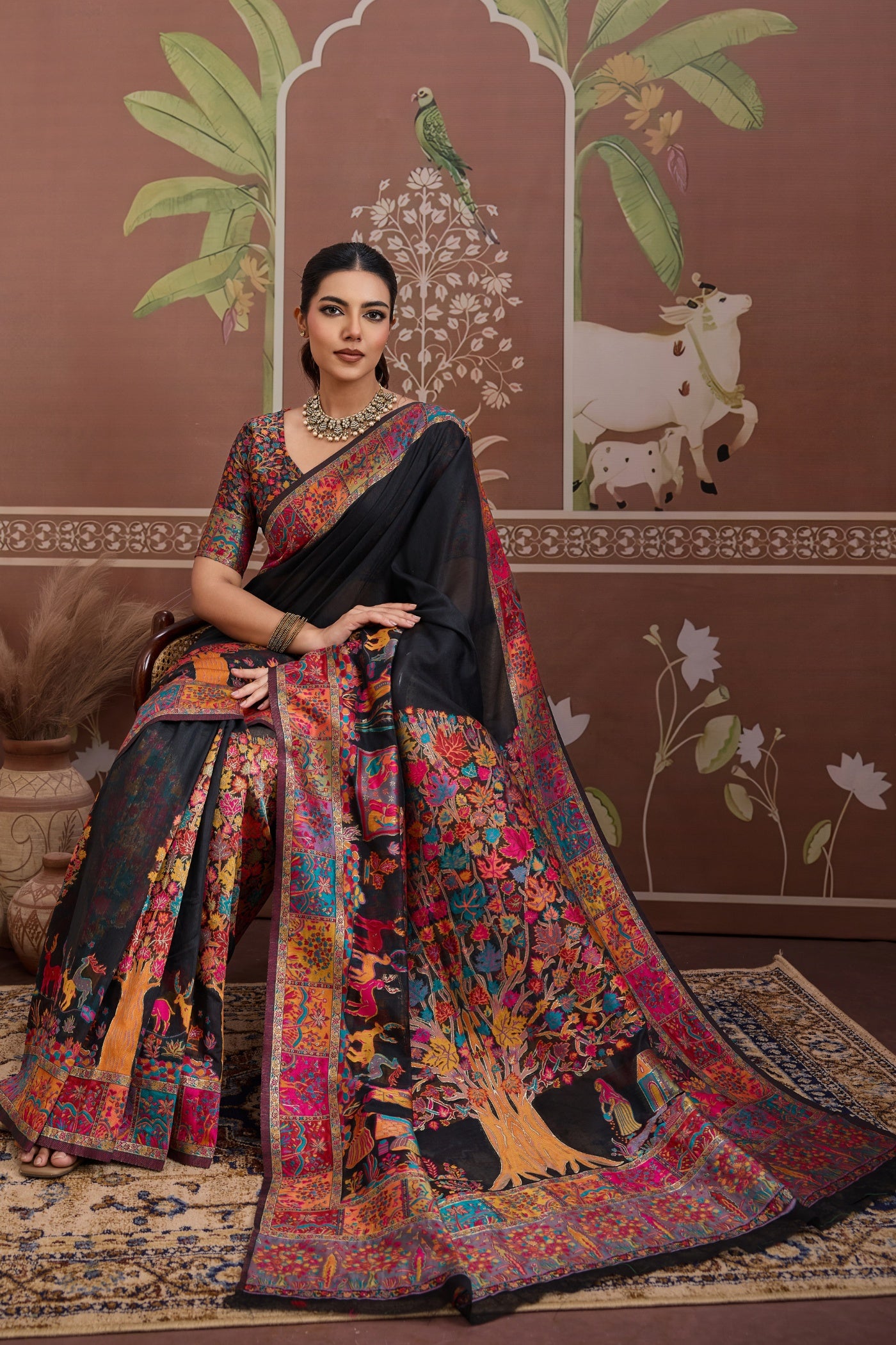 Buy MySilkLove Coral Black Kashmiri Handllom Jamewar Saree Online