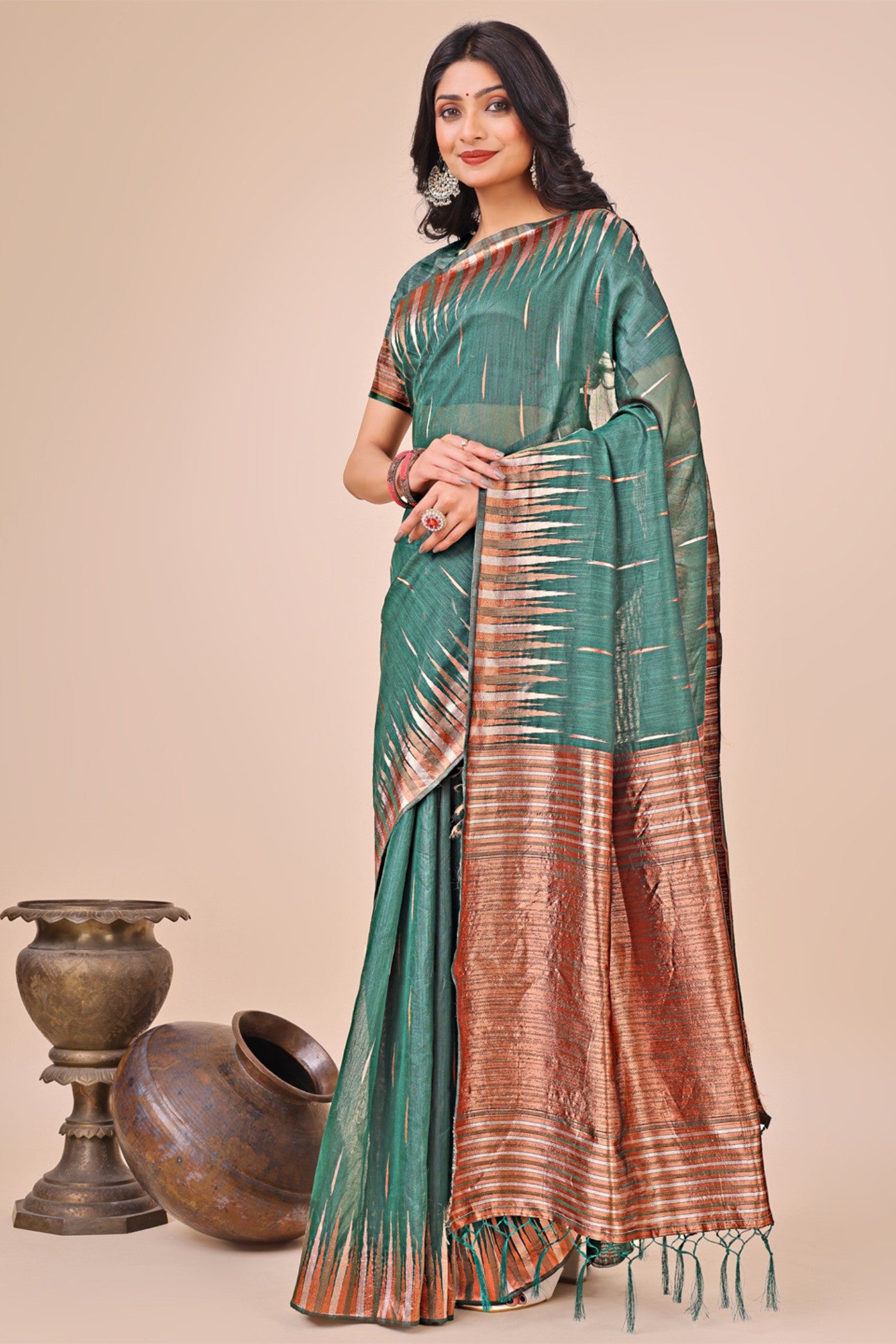 Buy MySilkLove Deep Aqua Green Linen Cotton Saree Online