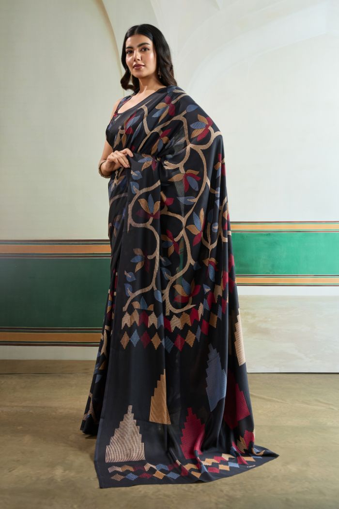Buy MySilkLove Ink Black Modal Ajrakh Printed Satin Silk Saree Online