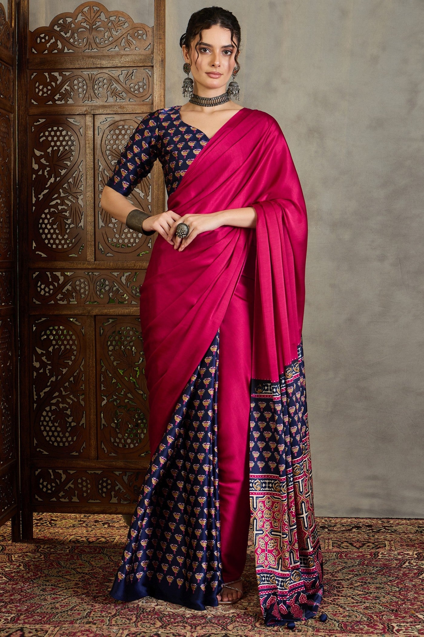 Buy MySilkLove Rose Pink and Blue Ajrakh Printed Satin Crepe Silk Saree Online