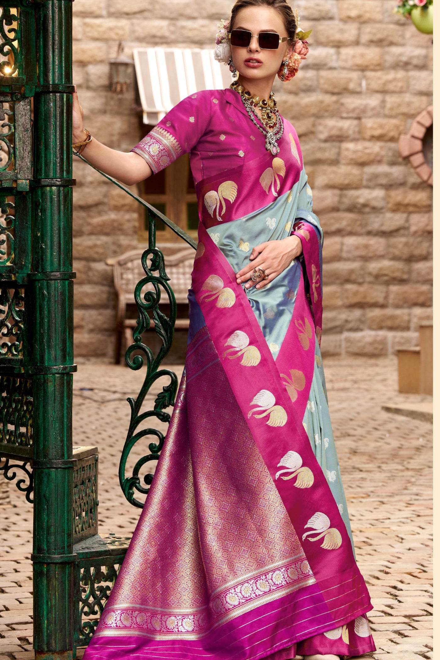 Buy MySilkLove Zinc Gery Woven Satin Soft Silk Saree Online
