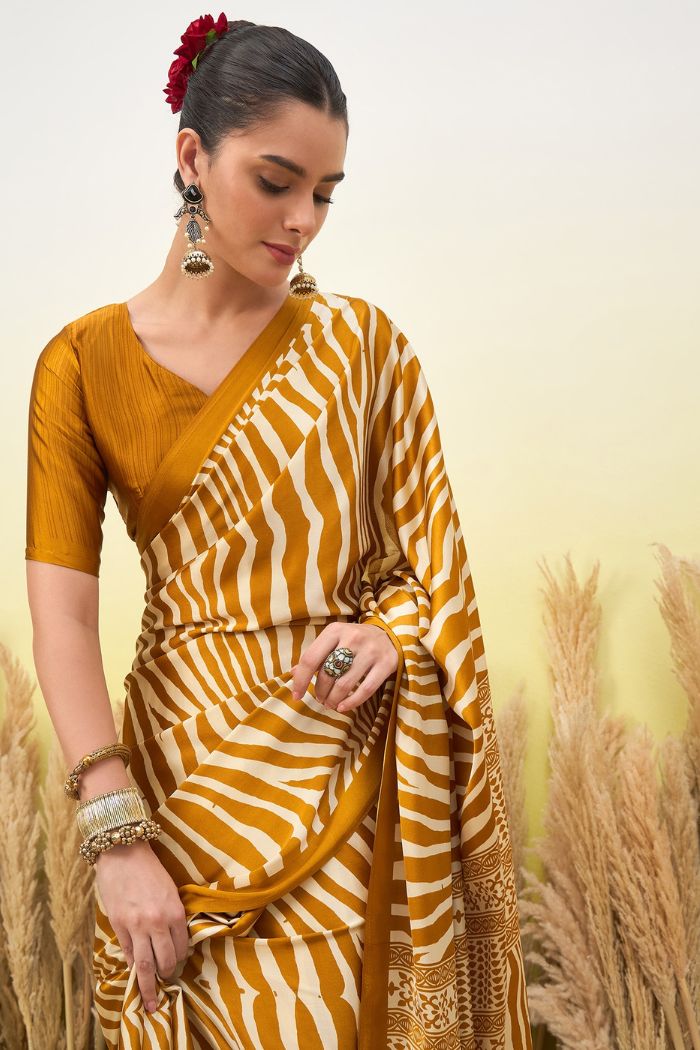Buy MySilkLove Mustard Yellow Modal Ajrakh Satin Printed Silk Saree Online