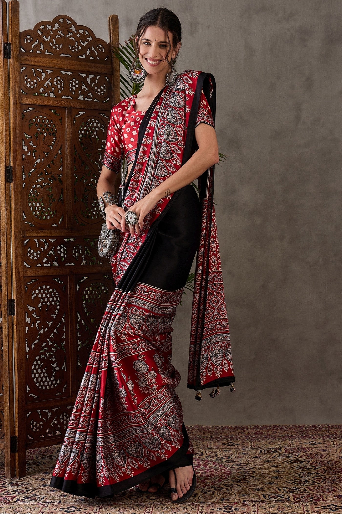 Buy MySilkLove Pitch Black Printed Satin Gaji Silk Saree Online