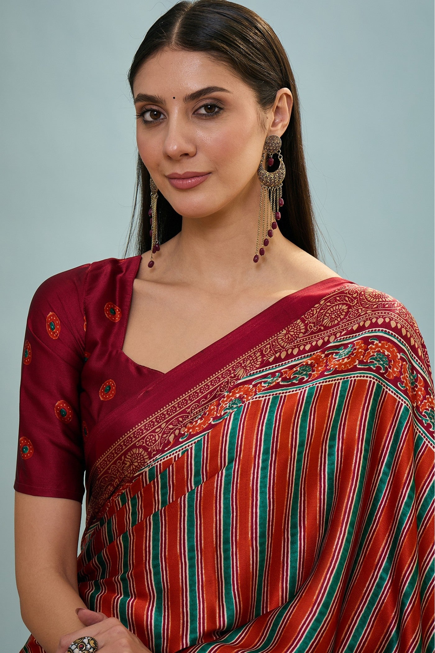 Buy MySilkLove Sanguine Brown Ajrakh Printed Satin Crepe Silk Saree Online