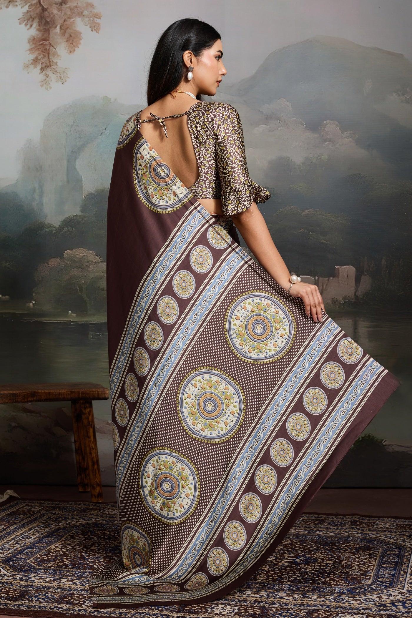 Buy MySilkLove Pecan Brown Ajrakh Modal Ajrakh Printed Silk Saree Online
