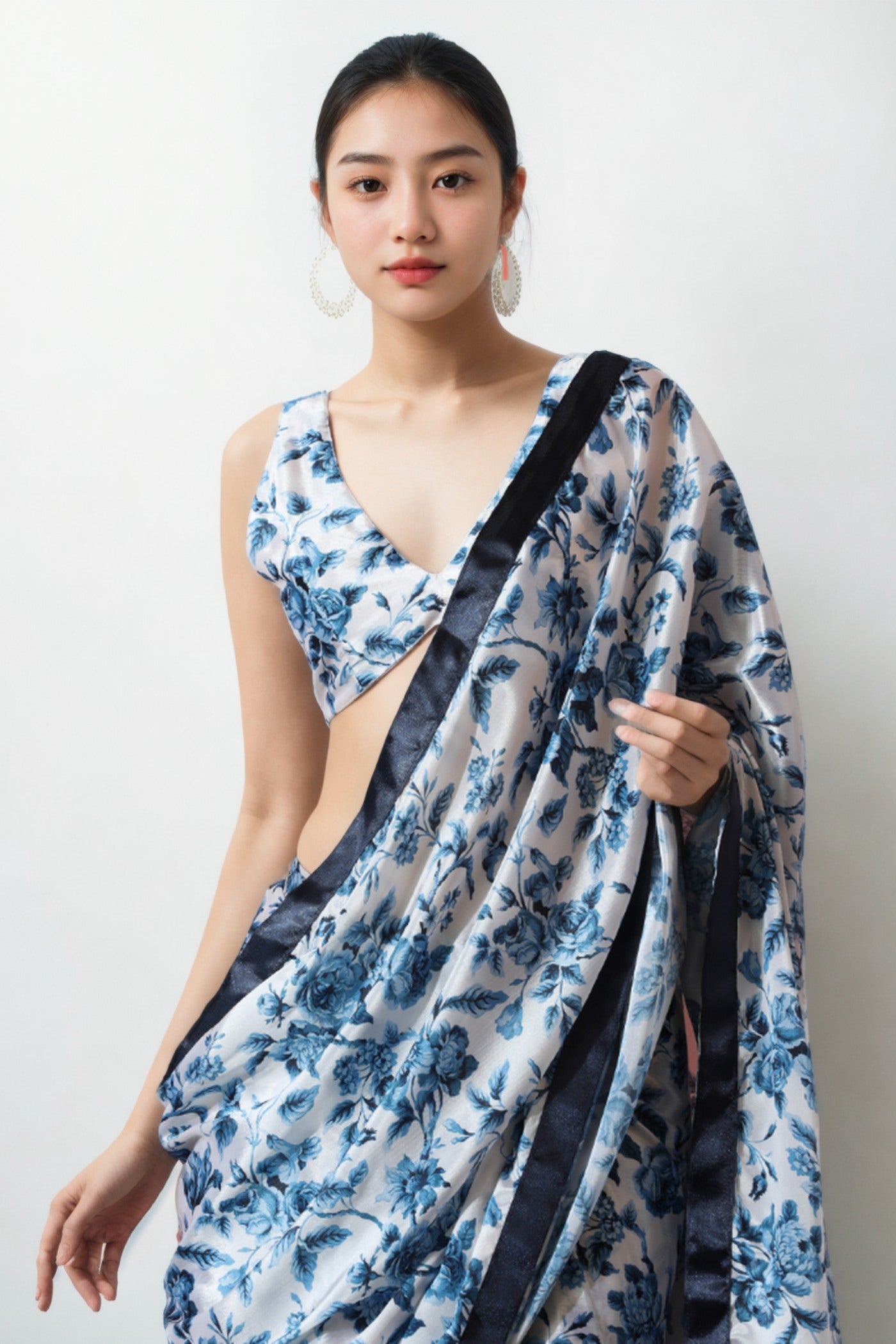 Buy MySilkLove Rainy Blue Chinon Printed Ready To Wear Saree Online