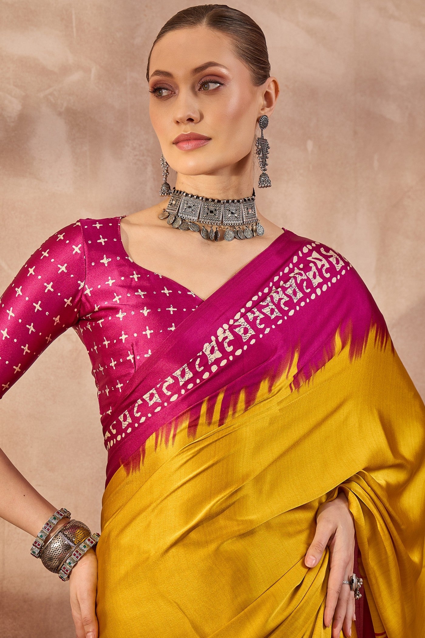 MySilkLove Chartreuse Yellow Printed Satin Crepe Silk Saree