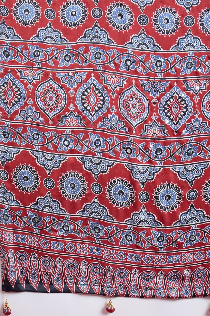 Buy MySilkLove Burgundy Maroon Modal Ajrakh Satin Printed Mirror Work Saree Online