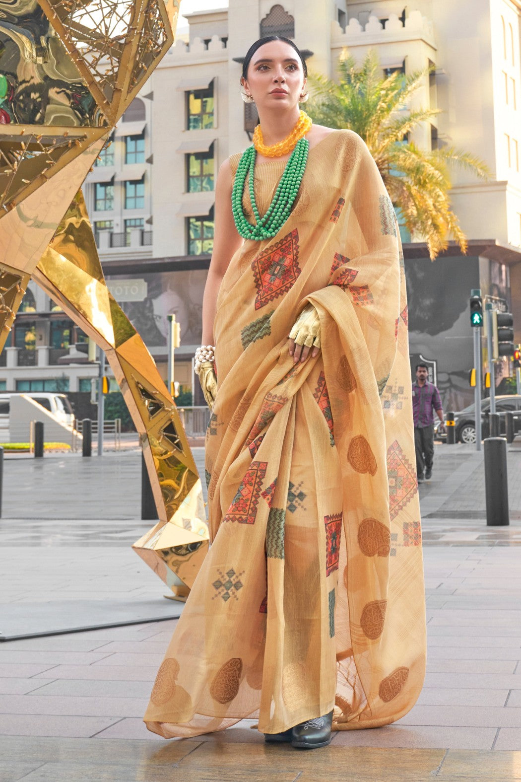 Buy MySilkLove Navajo Golden Printed Handloom Zari Tissue Saree Online