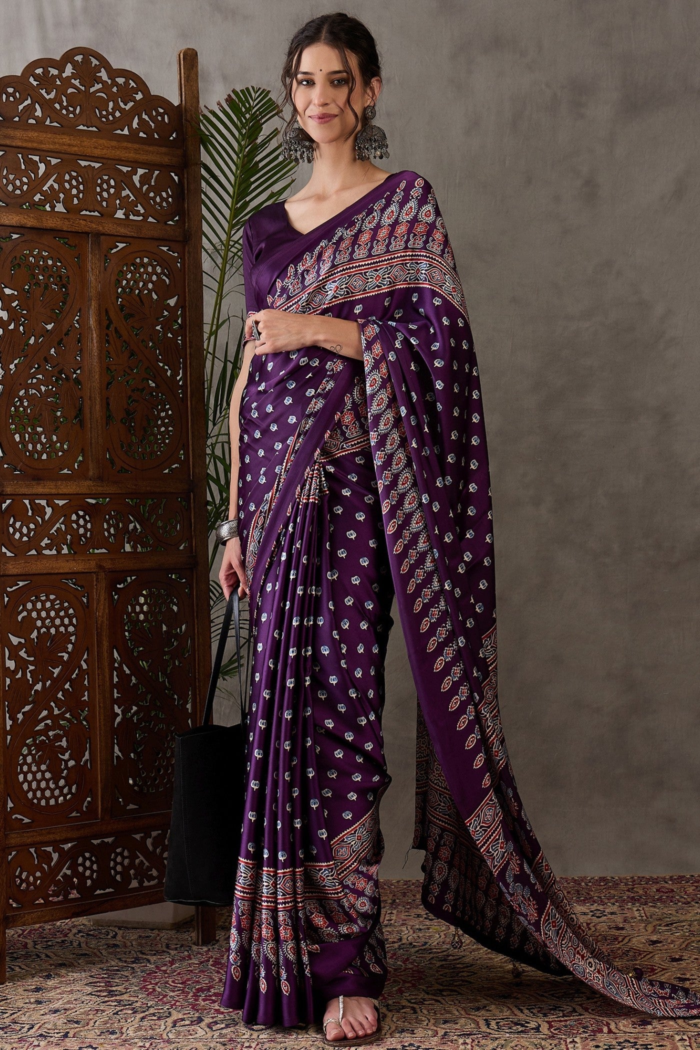 Buy MySilkLove Jamun Purple Printed Satin Gaji Silk Saree Online