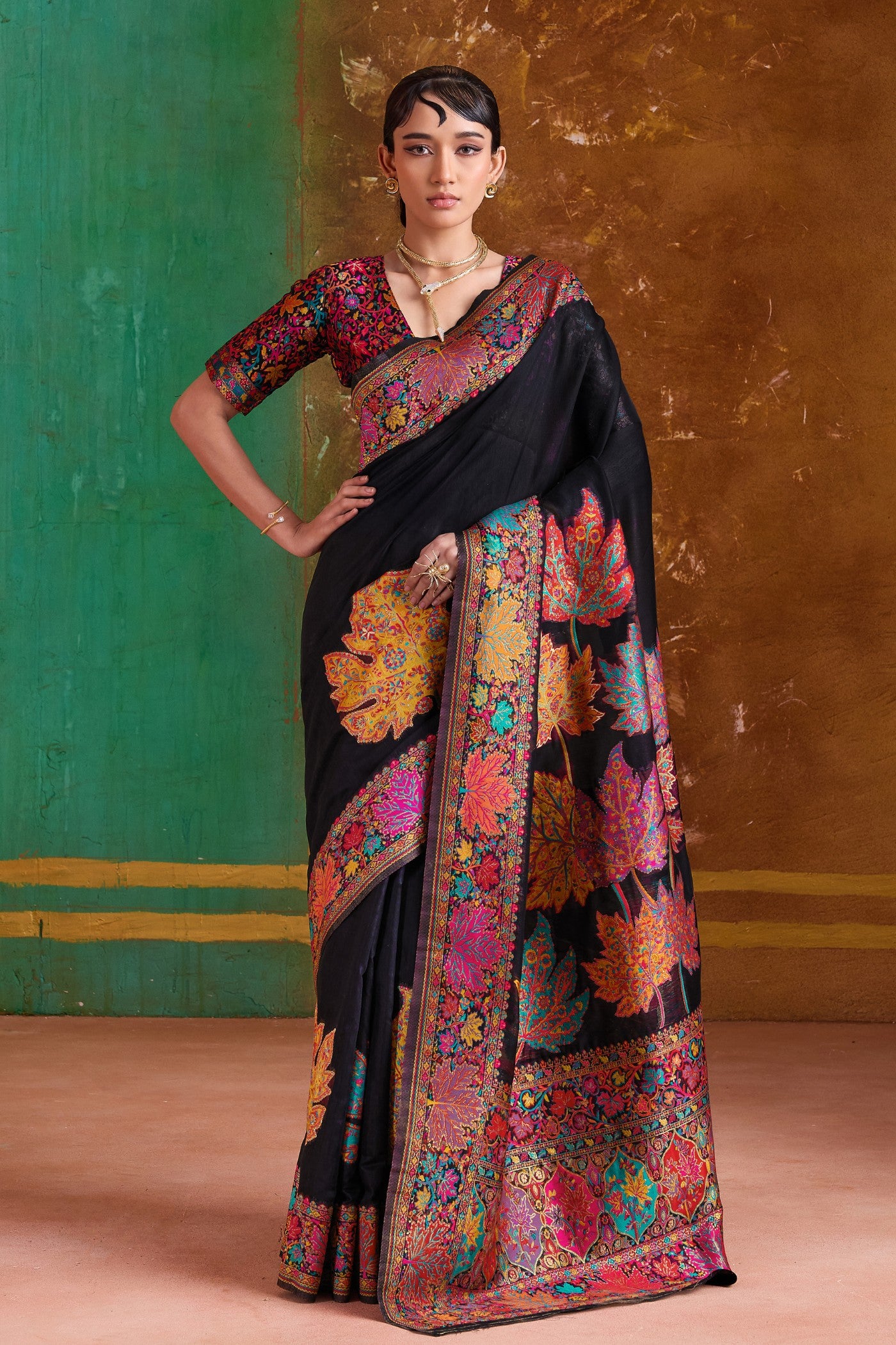 Buy MySilkLove Dusky Black Kashmiri Handloom Jamewar Saree Online