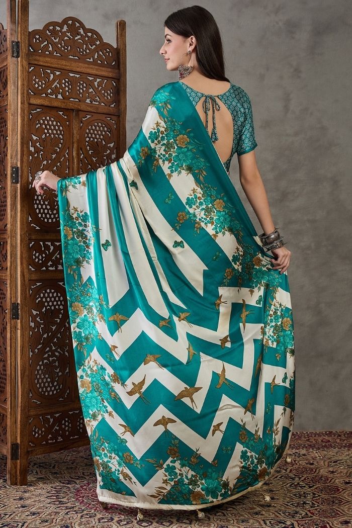 Buy MySilkLove Water Blue Stripe Printed Floral Satin Gaji Silk Saree Online