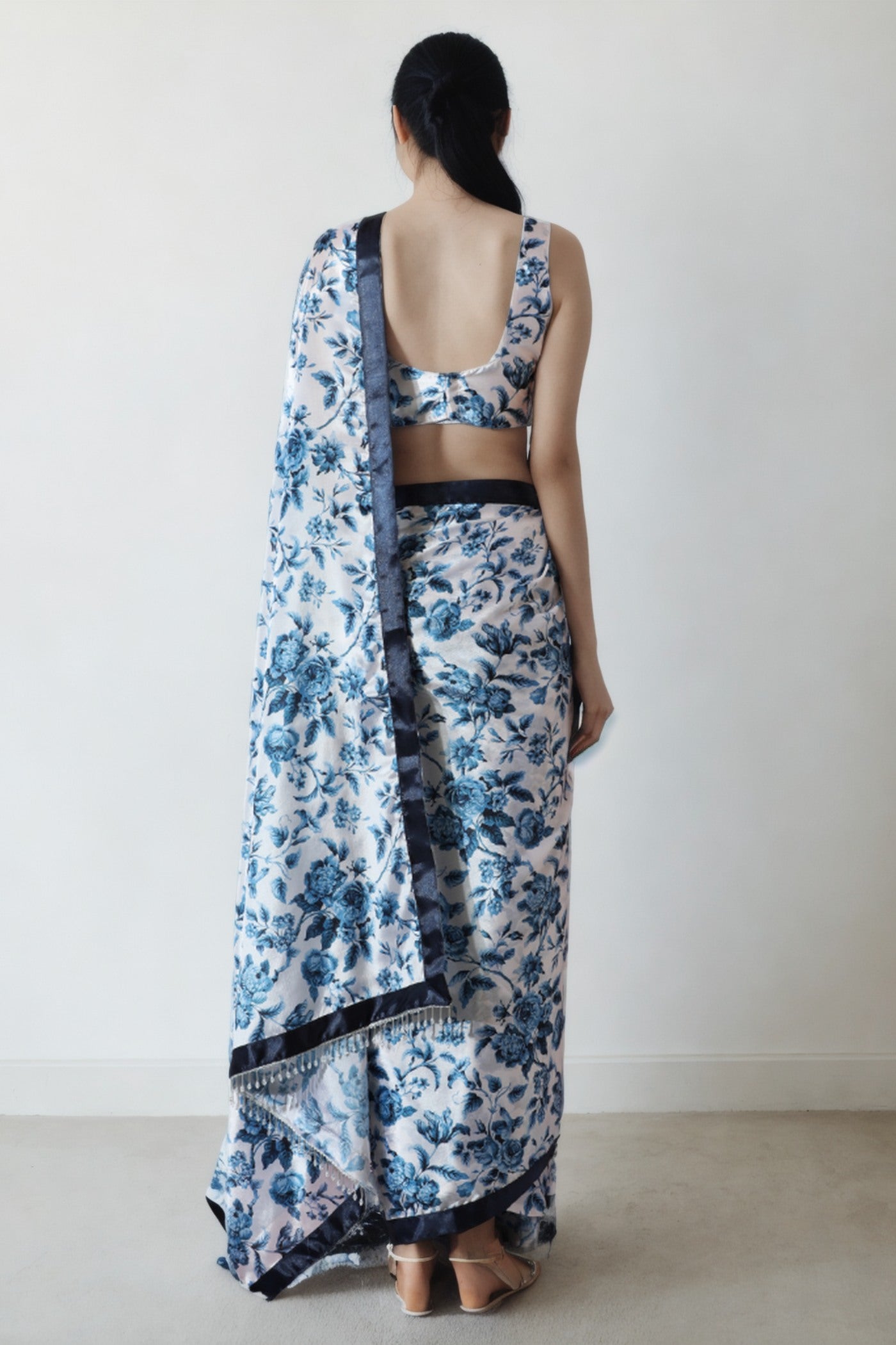 Buy MySilkLove Rainy Blue Chinon Printed Ready To Wear Saree Online