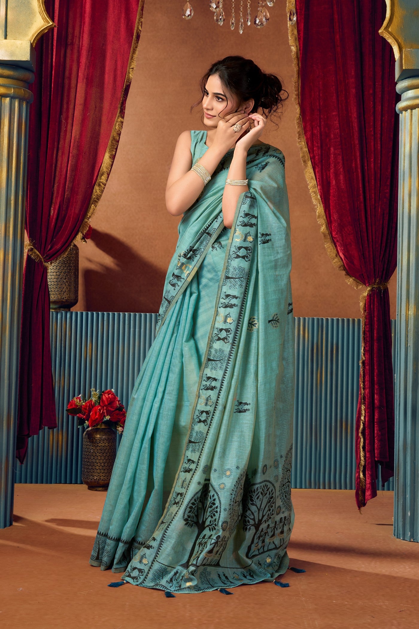 Buy MySilkLove Turquoise Blue Woven Modal Cotton Saree Online