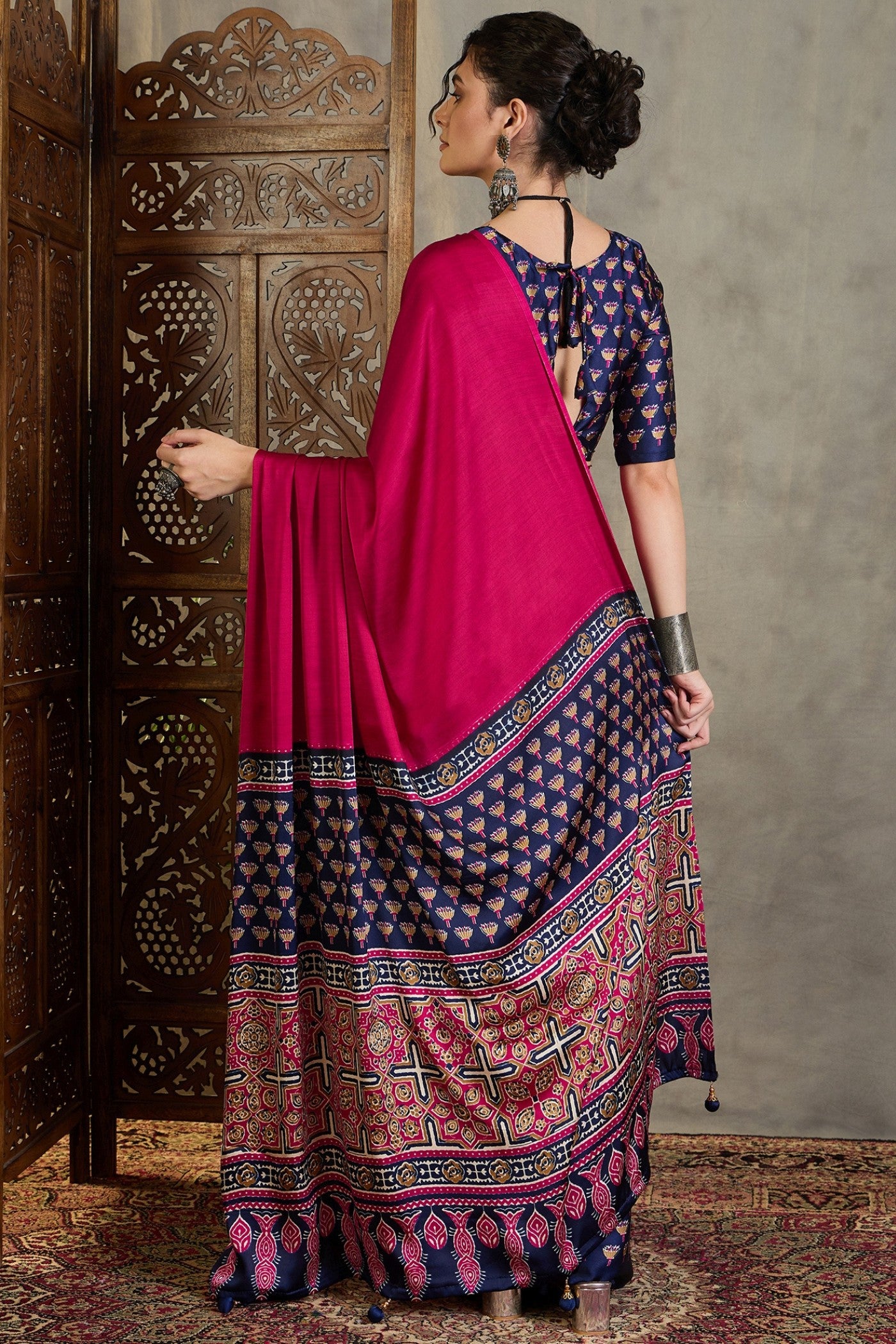 Buy MySilkLove Rose Pink and Blue Ajrakh Printed Satin Crepe Silk Saree Online