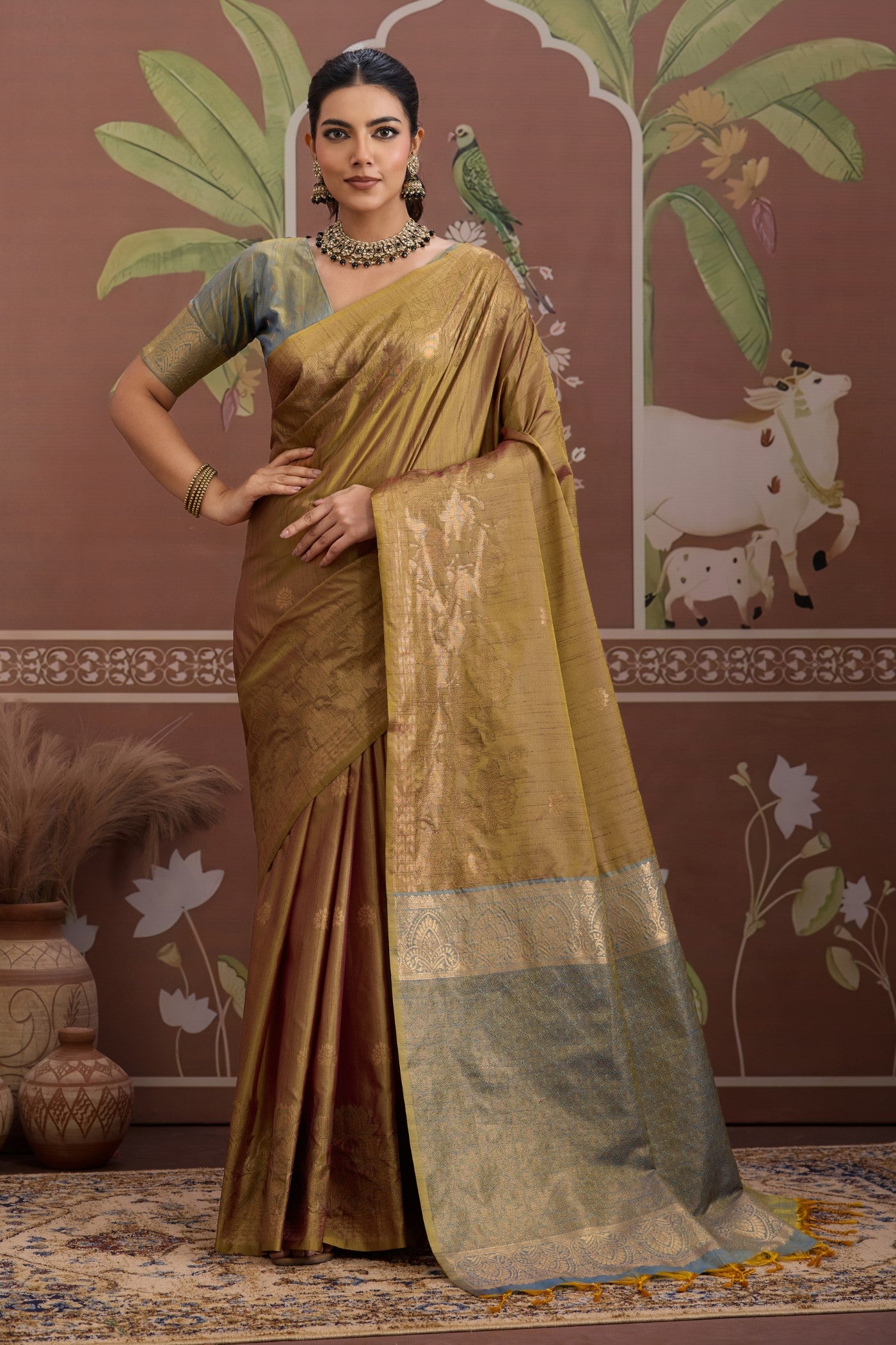 Buy MySilkLove Sage Green Banarasi Handloom Tussar Saree Online