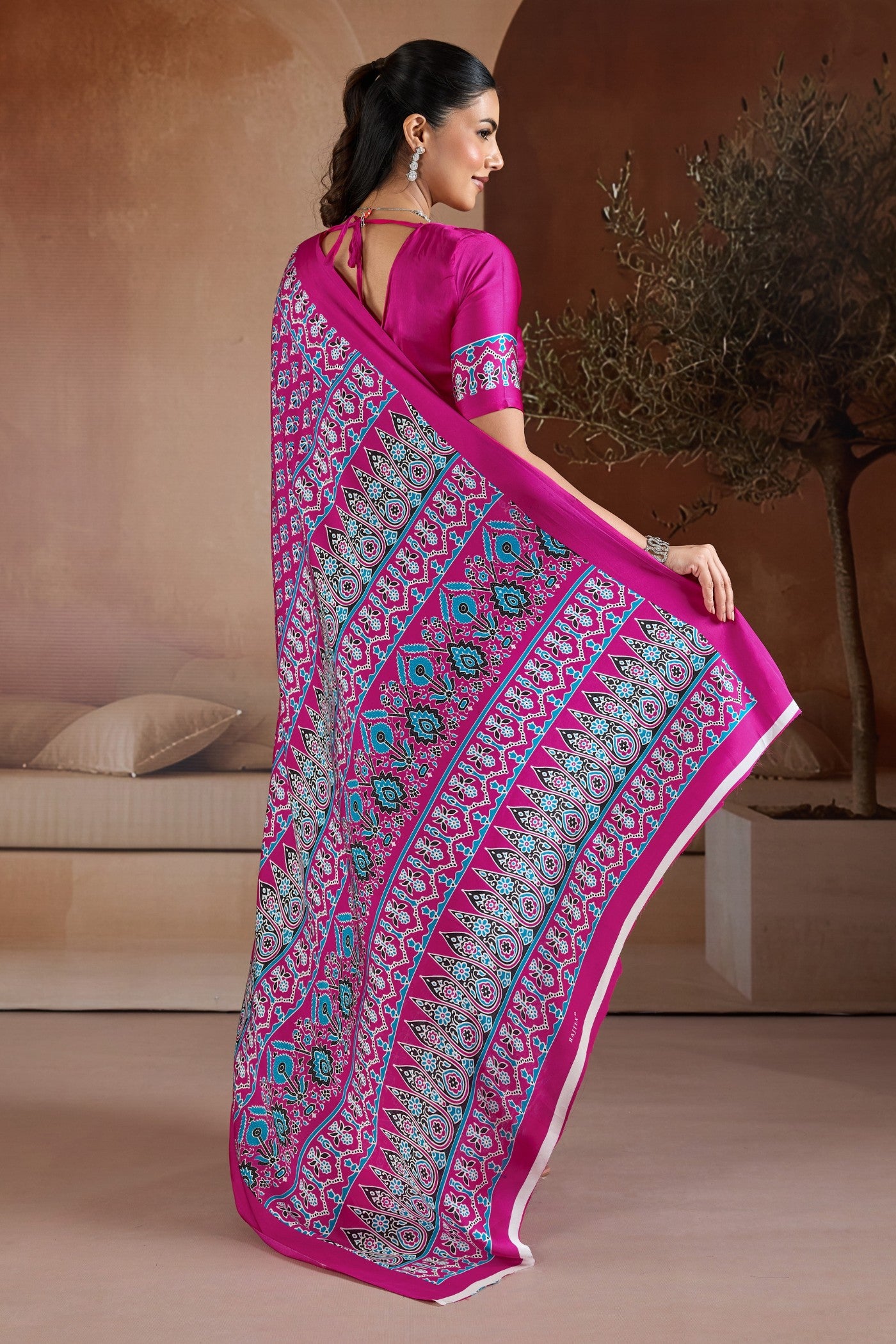Buy MySilkLove Rajwadi Pink Ajrakh Printed Satin Crepe Silk Saree Online
