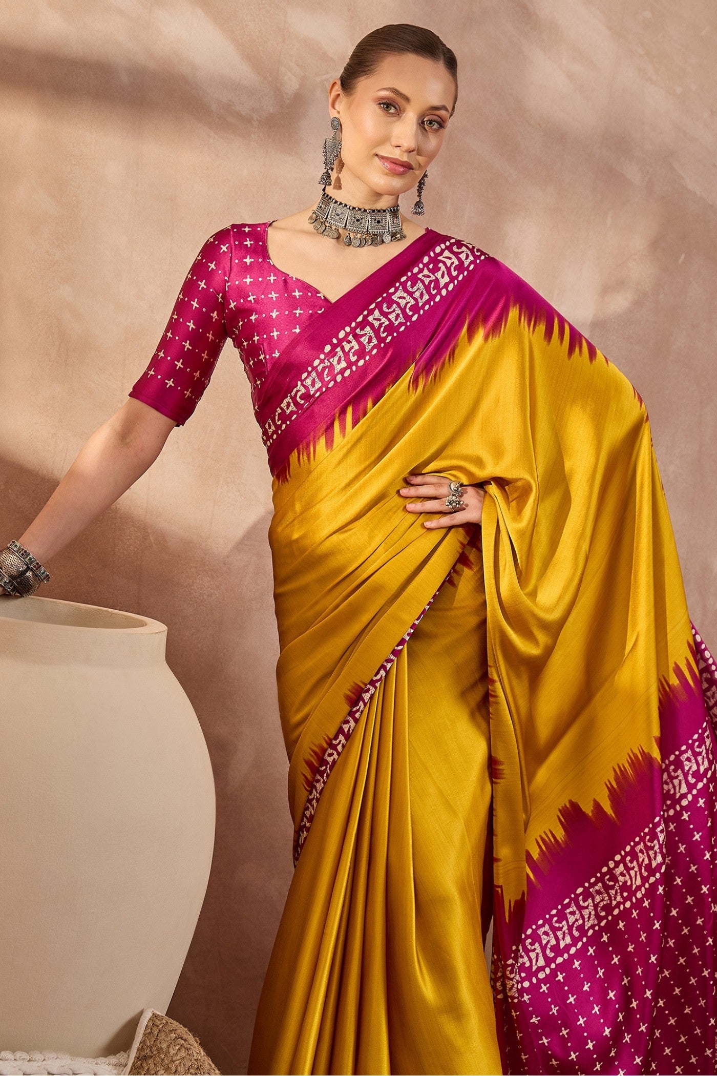 Buy MySilkLove Chartreuse Yellow Printed Satin Crepe Silk Saree Online