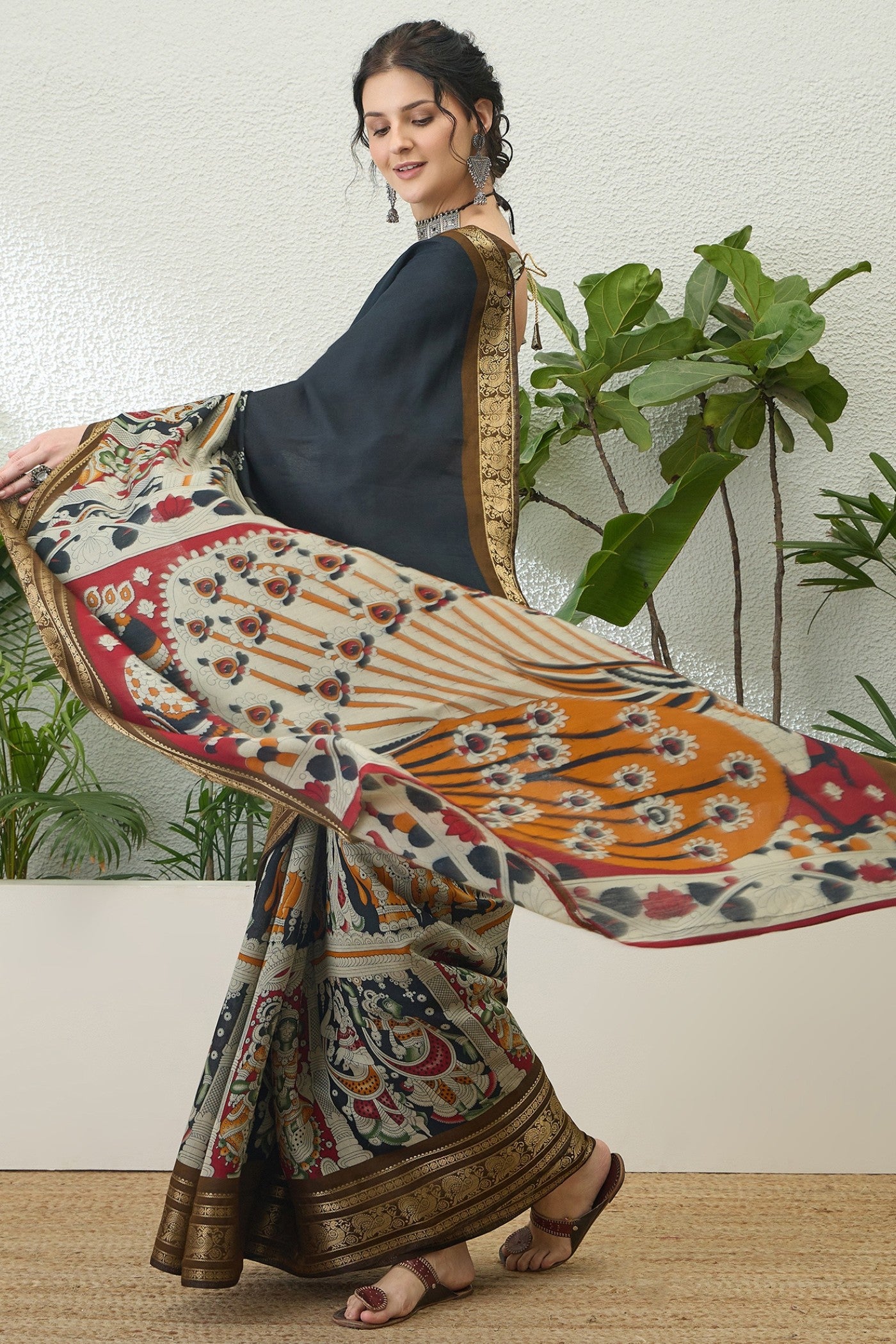 Buy MySilkLove Ink Black Printed Cotton Saree Online