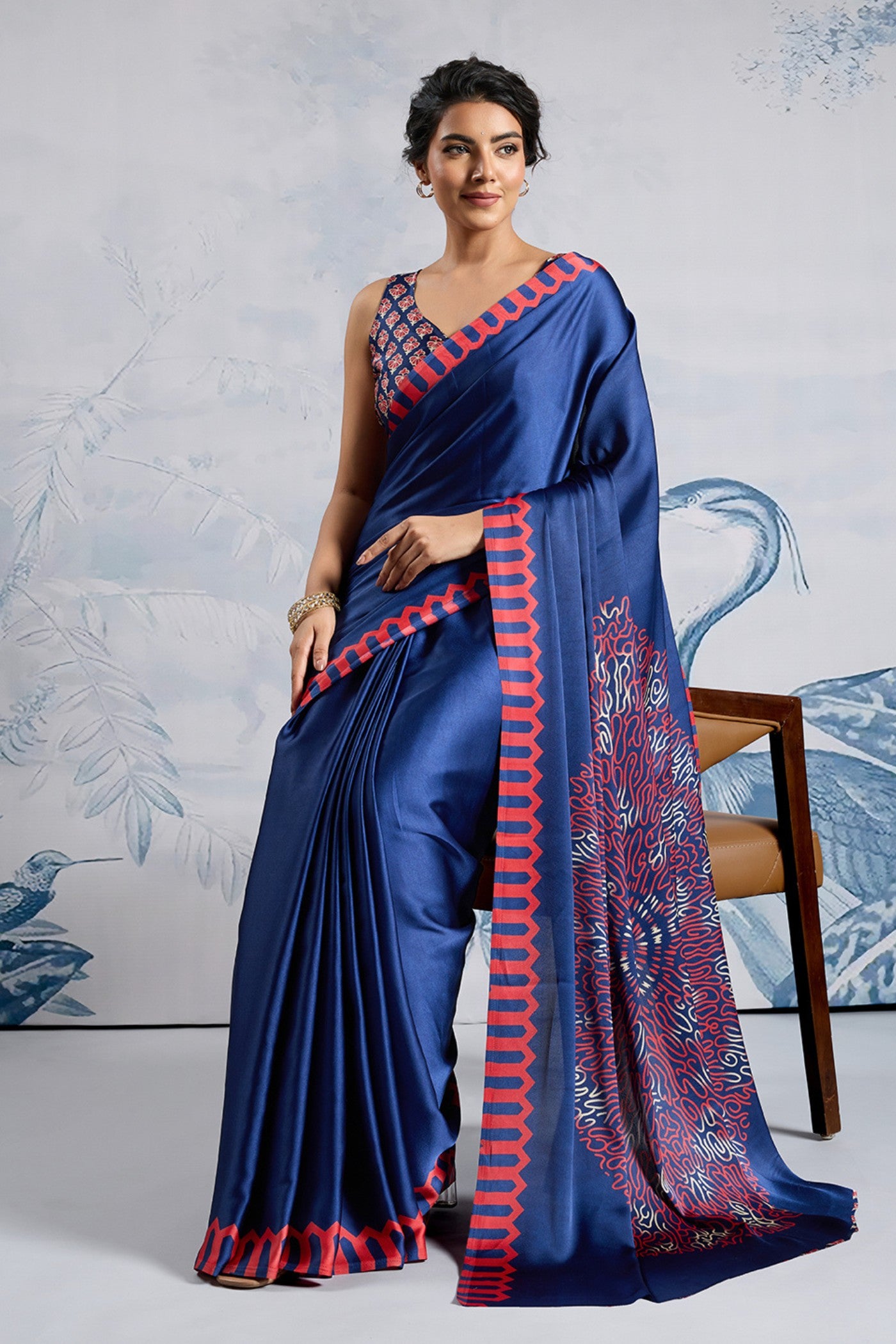 Buy MySilkLove Glacier Blue Printed Satin Crepe Silk Saree Online