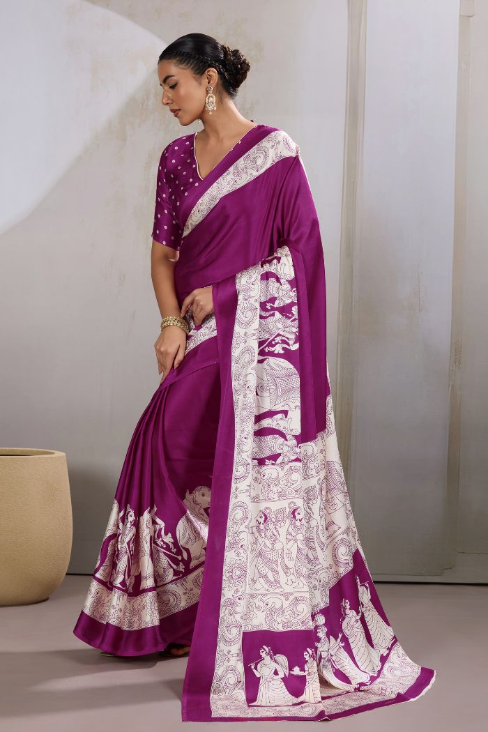 Buy MySilkLove Cosmic Purple Modal Ajrakh Printed Satin Silk Saree Online