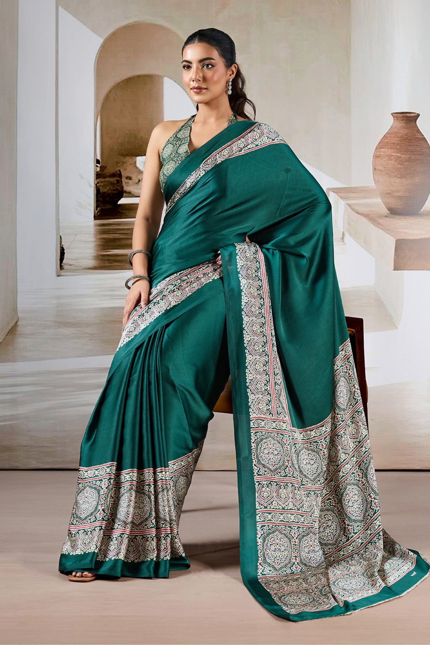 Buy MySilkLove Ainsley Green Ajrakh Printed Satin Crepe Silk Saree Online