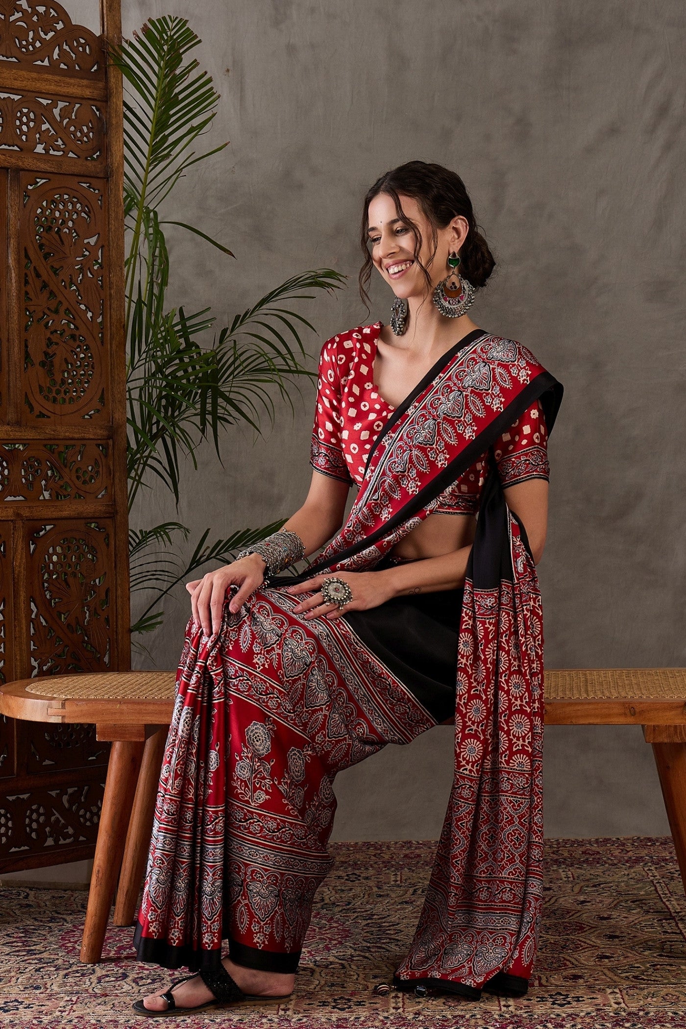 Buy MySilkLove Pitch Black Printed Satin Gaji Silk Saree Online