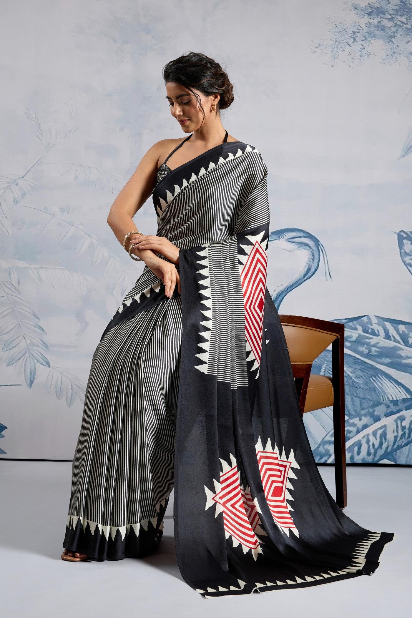 Buy MySilkLove Melanie Black Stripe Ajrakh Printed Satin Crepe Silk Saree Online