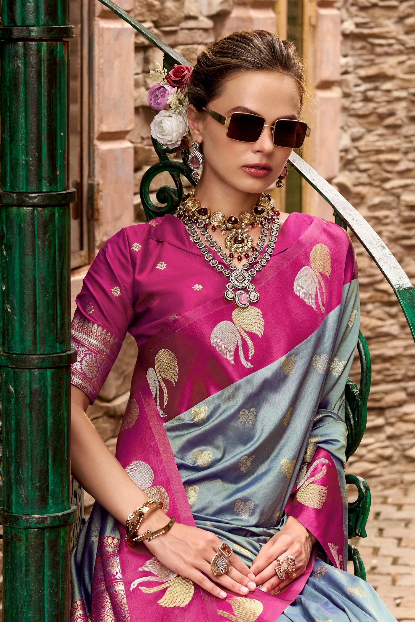 Buy MySilkLove Zinc Gery Woven Satin Soft Silk Saree Online
