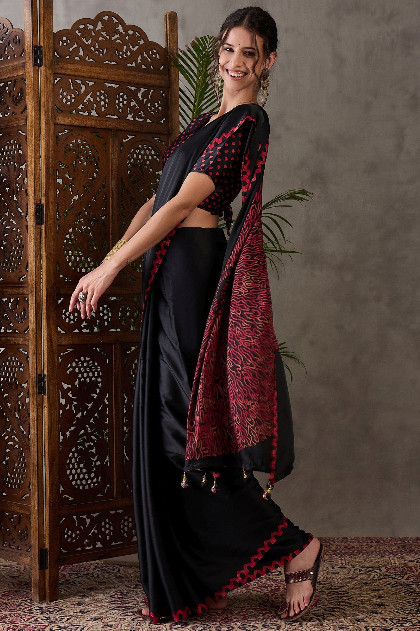 Buy MySilkLove Coal Black Printed Satin Gaji Silk Saree Online