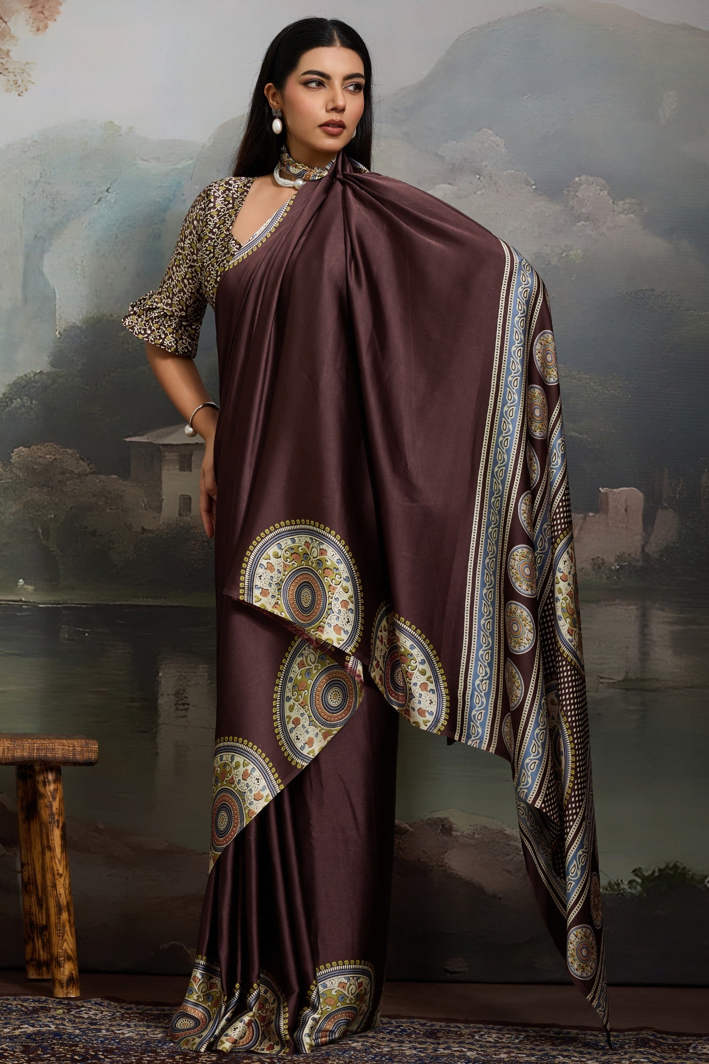 Buy MySilkLove Pecan Brown Ajrakh Modal Ajrakh Printed Silk Saree Online