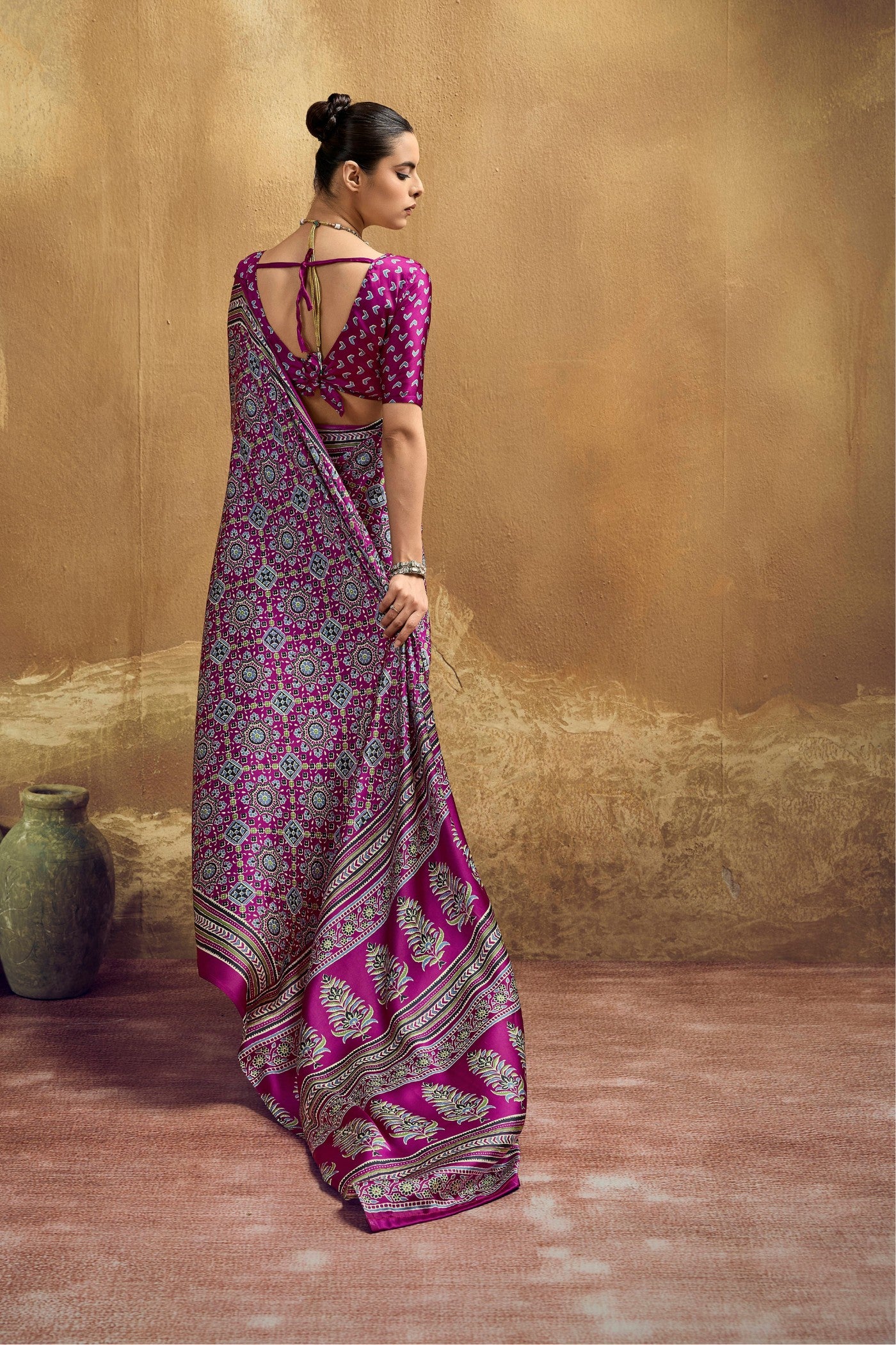 Buy MySilkLove Violet Purple Modal Ajrakh Satin Printed Silk Saree Online