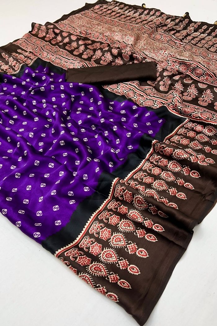 Buy MySilkLove Dark Violet Purple Ajrakh Printed Satin Gaji Silk Saree Online