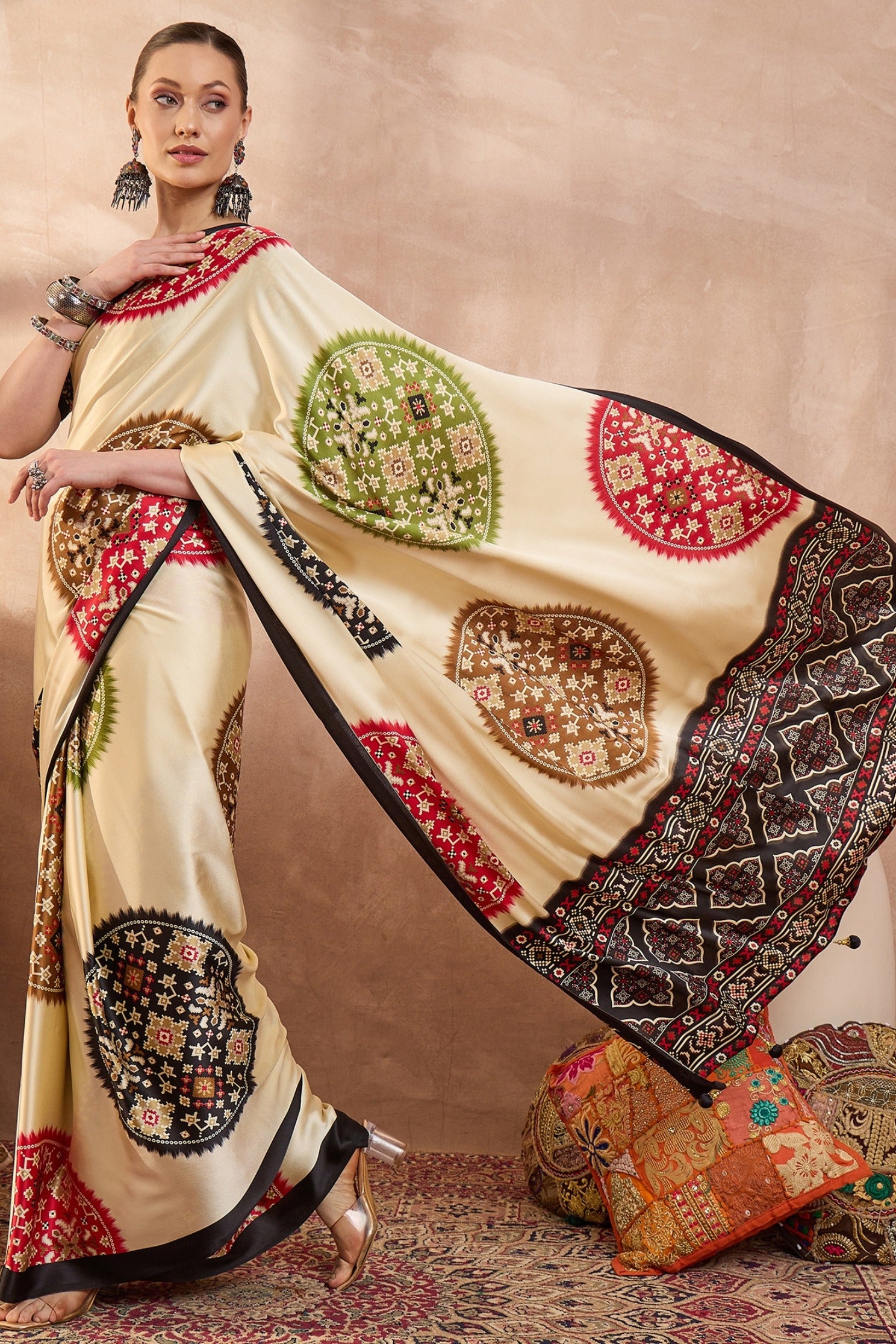 Buy MySilkLove Pastel Cream and Black Modal Ajrakh Printed Silk Saree Online