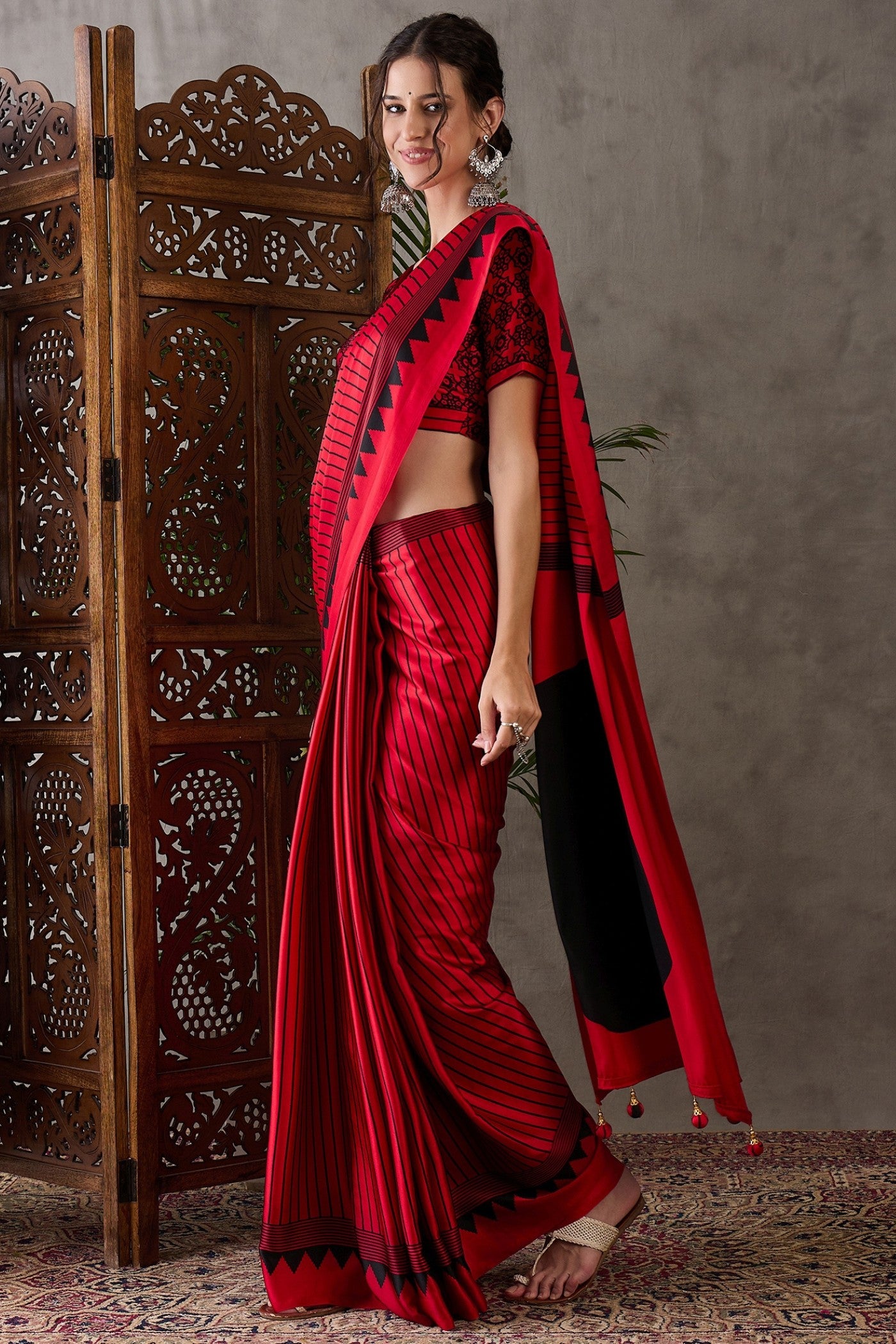 Buy MySilkLove Rose Red Printed Satin Gaji Silk Saree Online