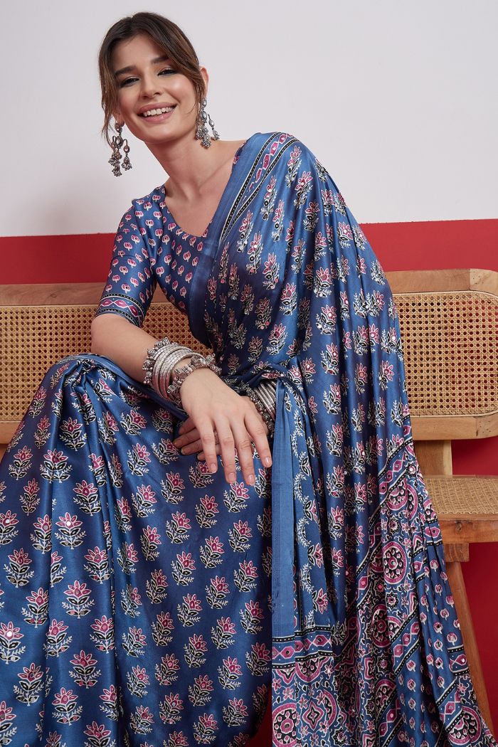 Buy MySilkLove Cloud Blue Modal Ajrakh Satin Printed Mirror Work Saree Online