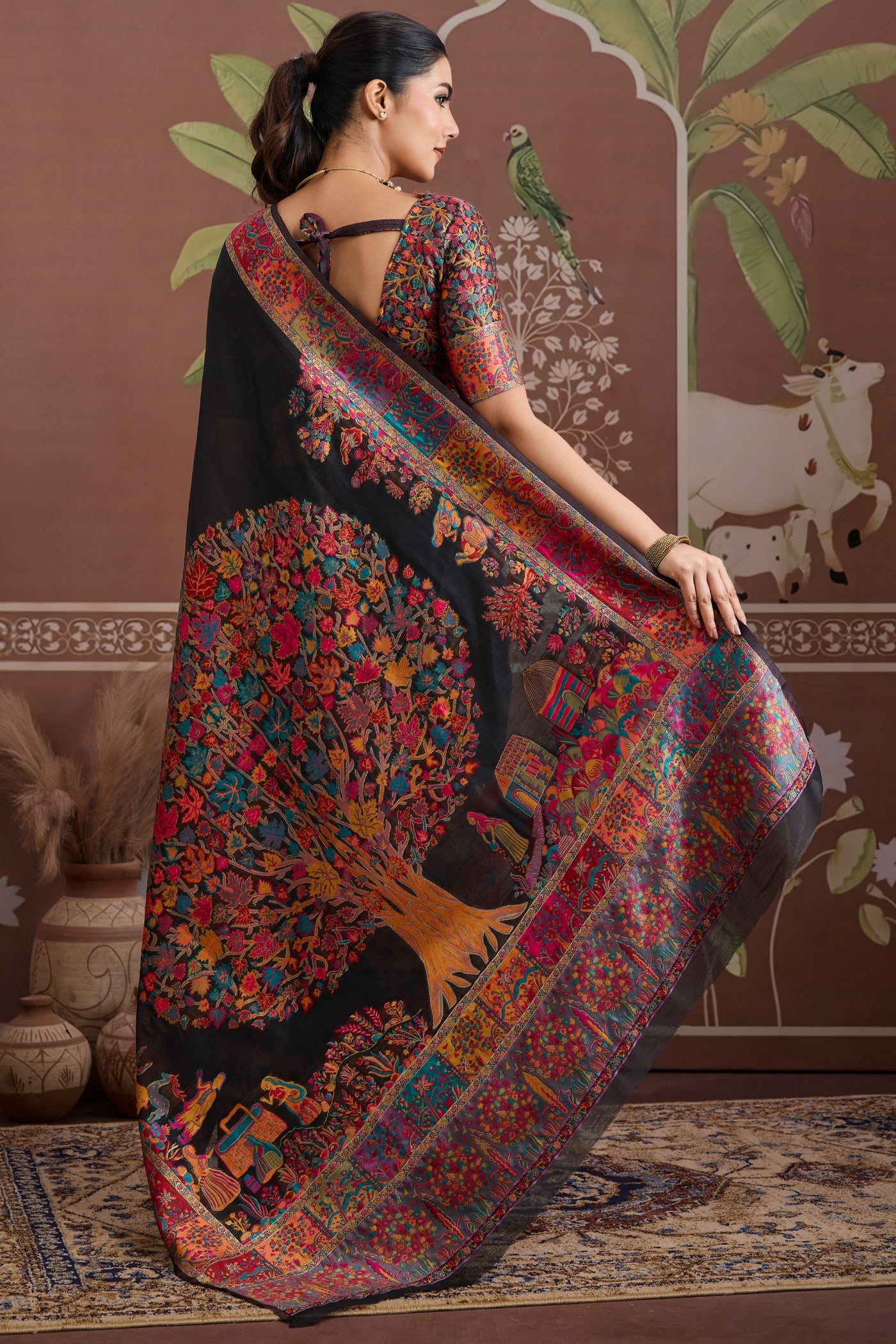 Buy MySilkLove Coral Black Kashmiri Handllom Jamewar Saree Online